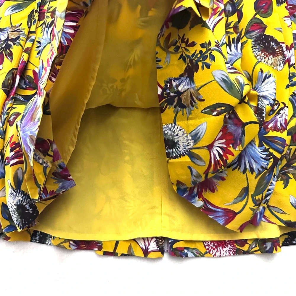 J.Crew Sz 16 Yellow Floral 100% Silk Double Pleated Midi Skirt K2124
